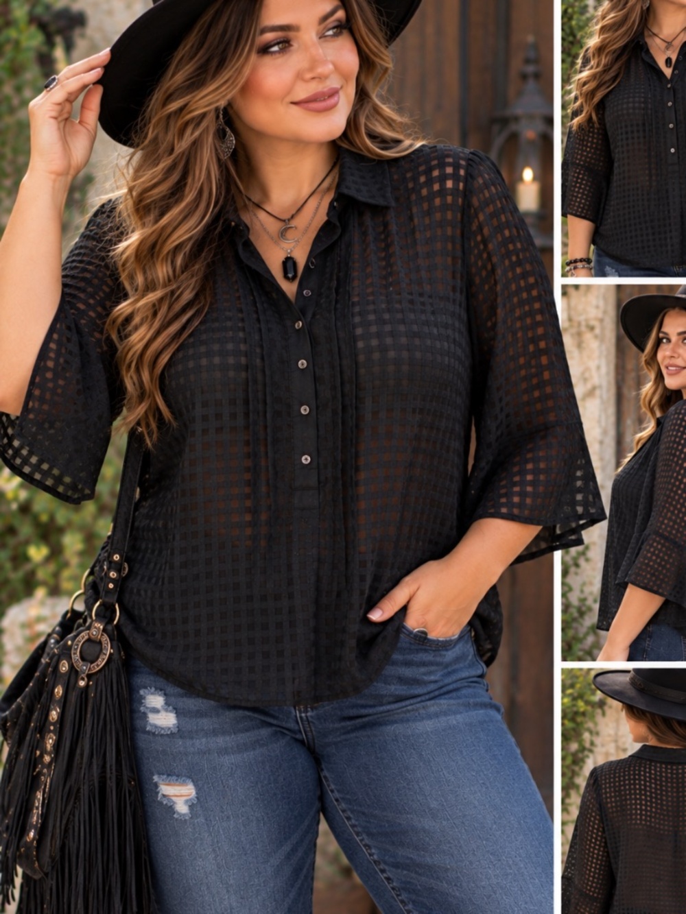 Nordstrom Blouse Womens Size 3X Black Witchy Cowgirl Sheer Gingham Flutter Sleev